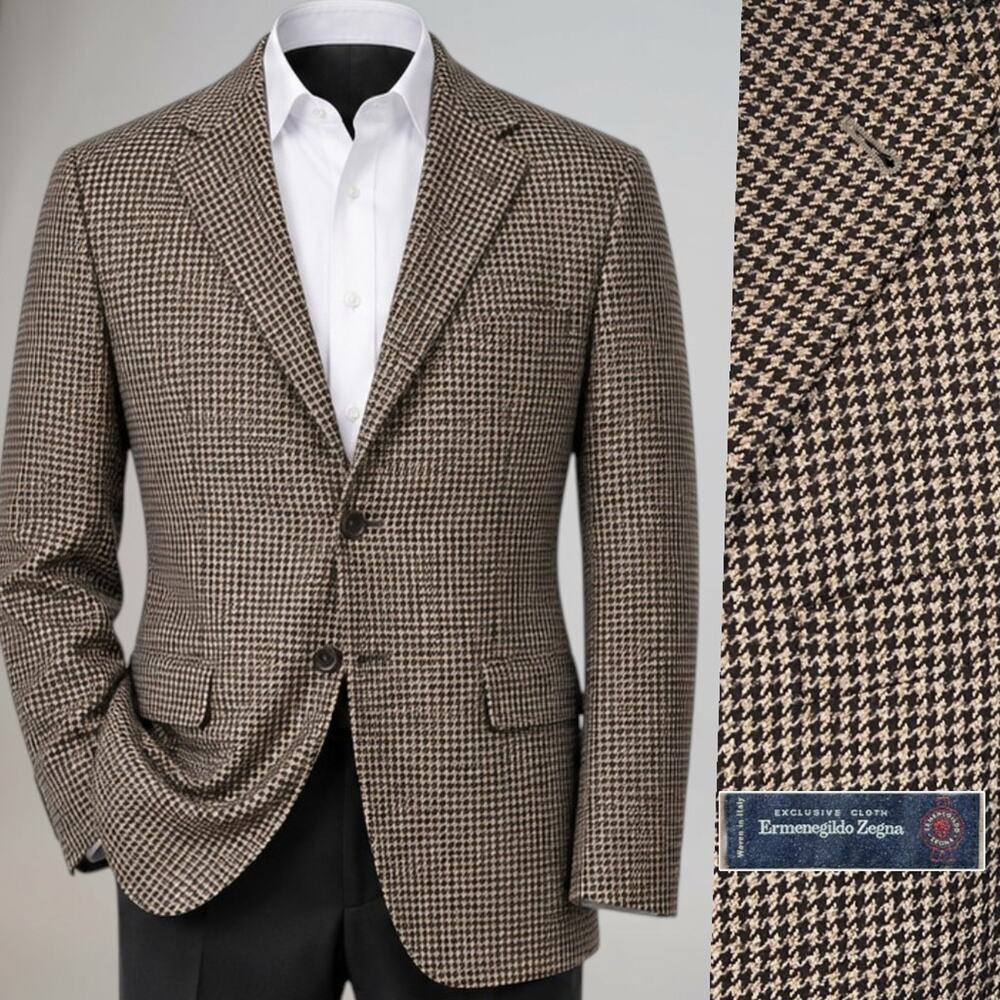 Vintage Zegna x Cambridge Wool Cashmere 46-48L Black Tan Houndstooth Sport Coat